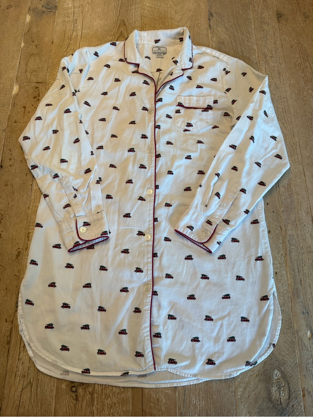 Petite Plume Christmas Button-Front Sleep Shirt Flannel Xmas Tree Truck M